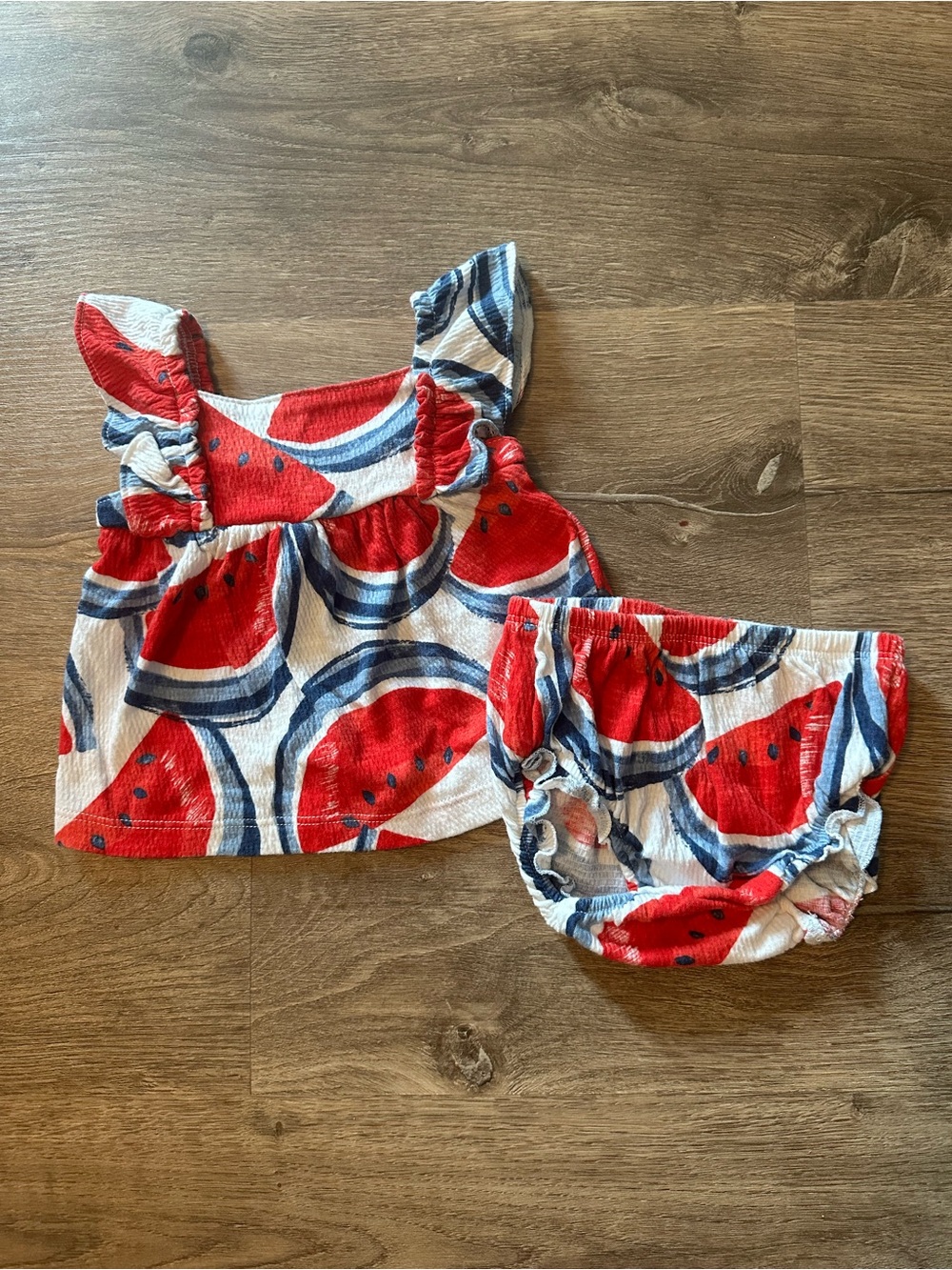 Carters Baby Two-Piece Watermelon Print Top & Bloomer Set - Red/Blue